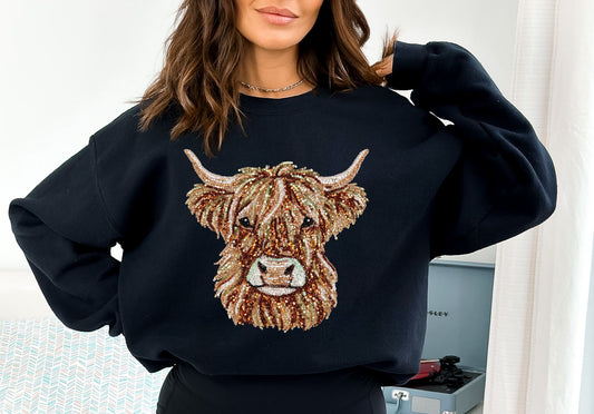 *RTS*SEQUINNED HIGHLAND COW * GLITTER CLEAR FILM SCREEN PRINT TRANSFER*
