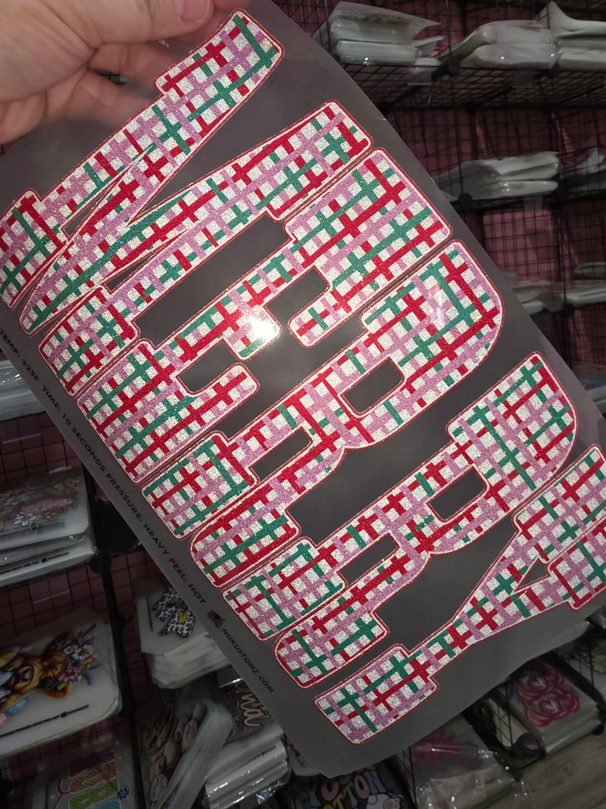 RTS * PINK PLAID MERRY  * GLITTER CLEAR FILM SCREENPRINT