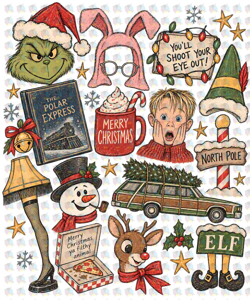 *CHRISTMAS MOVIE COLLAGE * GLITTER CLEAR FILM SCREENPRINT TRANSFER