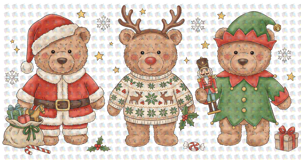 *CHRISTMAS TEDDY BEARS * GLITTER CLEAR FILM SCREENPRINT TRANSFER