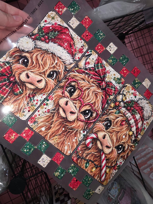 RTS * CHRISTMAS HIGHLAND COW PANNELS* GLITTER CLEAR FILM SCREENPRINTS