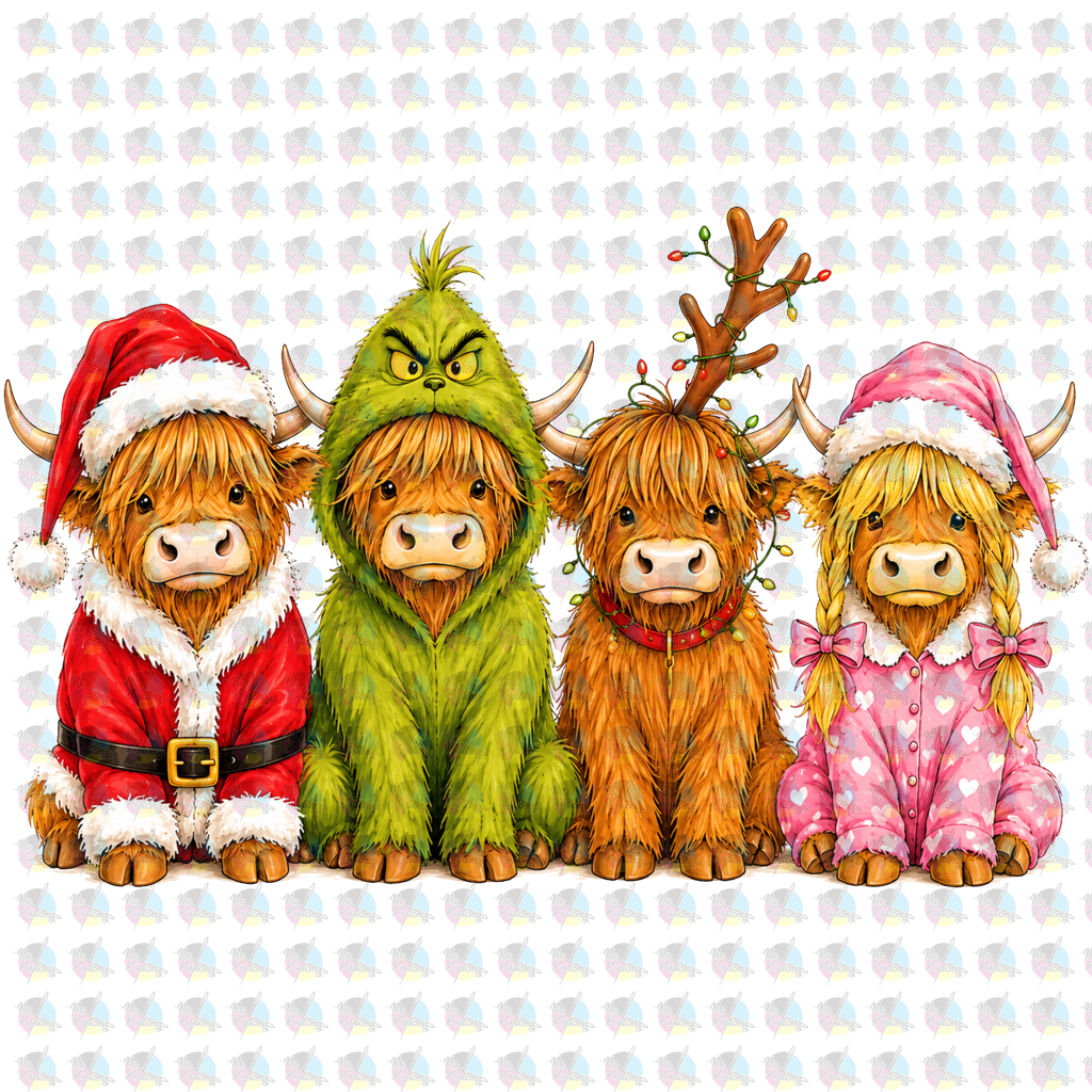 *HOLIDAY HIGHLAND COWS * GLITTER CLEAR FILM SCREENPRINT TRANSFER