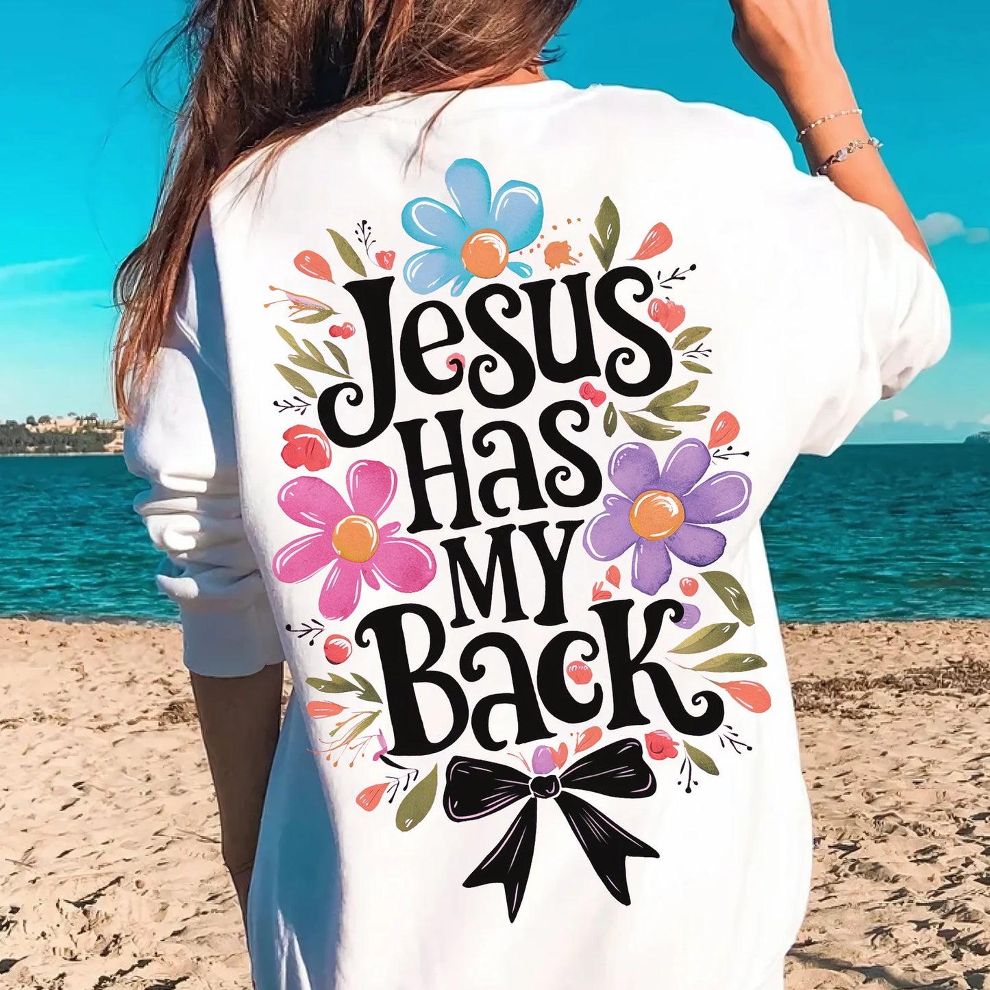 PRE-ORDER** JESUS HAS MY BACCK* GLITTER CLEAR FILM SCREENPRINT TRANSFER