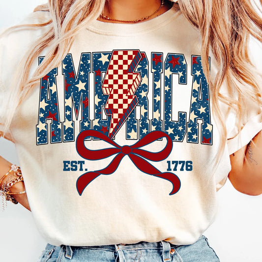 PRE-ORDER**AMERICA BOLT WITH BOW* GLITTER CLEAR FILM SCREENPRINT TRANSFER