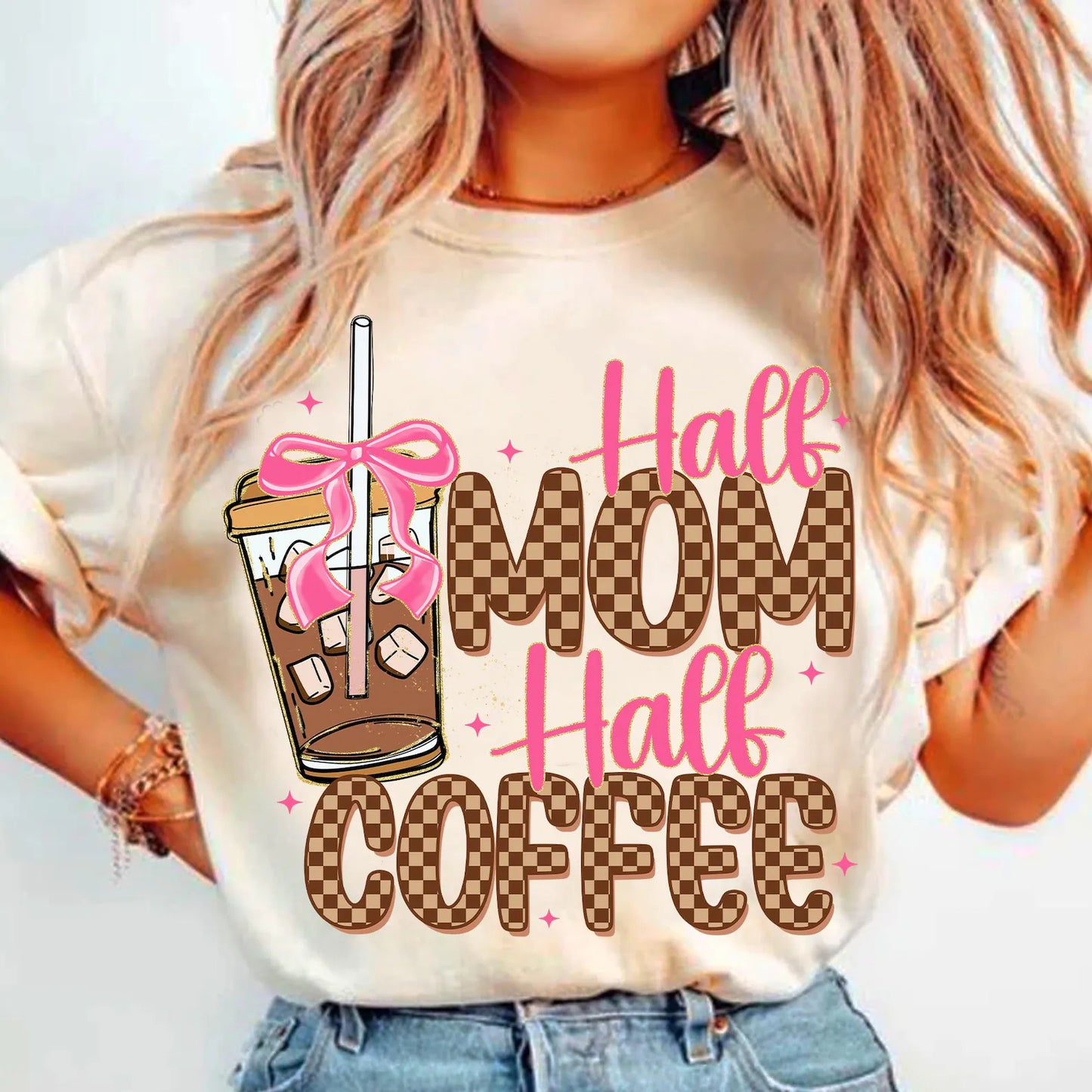 RTS**HALF MOM HALF COFFEE* GLITTER CLEAR FILM SCREENPRINT TRANSFER