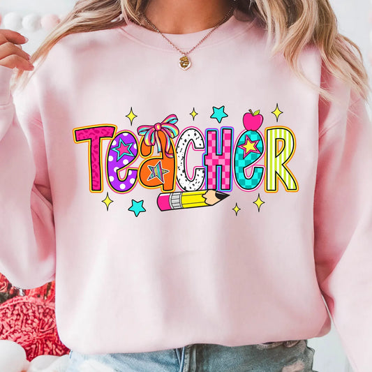 PRE-ORDER*TEACHER WITH PENCIL* GLITTER CLEAR FILM SCREENPRINT TRANSFER