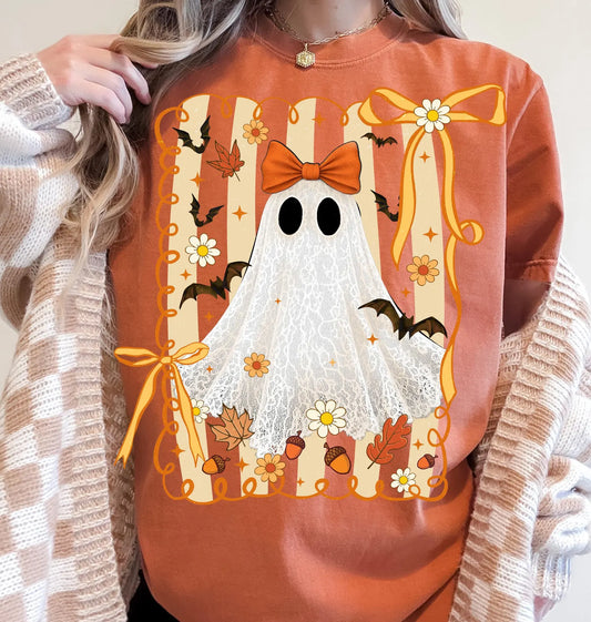 RTS* ANTIQUE GHOST WITH BOWS * GLITTER CLEAR FILM SCREENPRINT TRANSFER
