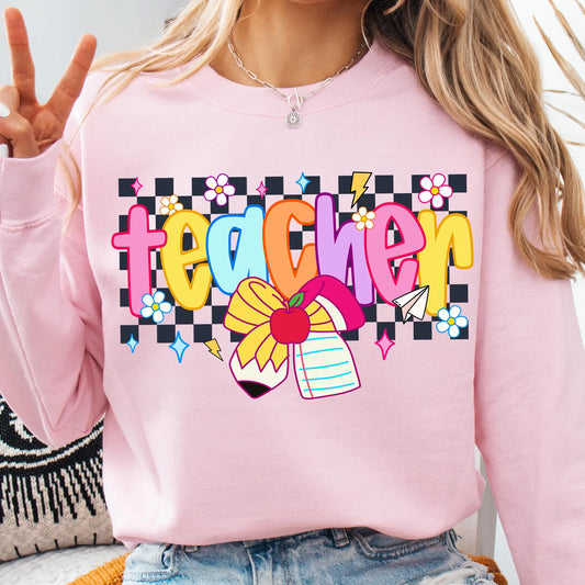RTS* TEACHER NEON PENCIL RETRO * GLITTER CLEAR FILM SCREENPRINT TRANSFER