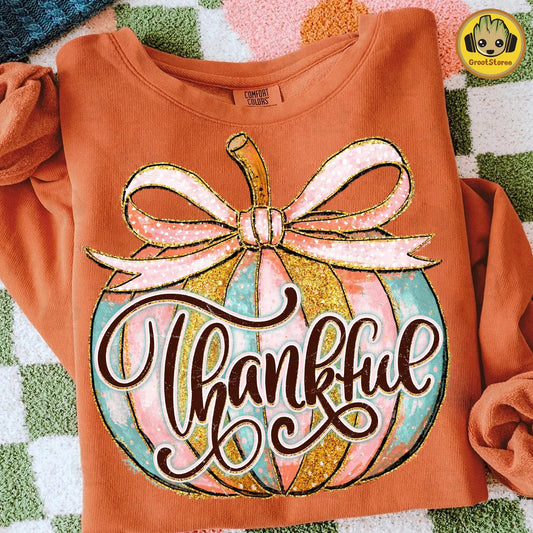 RTS*THANKFUL PINK BOW PUMPKIN * GLITTER CLEAR FILM SCREENPRINT TRANSFER
