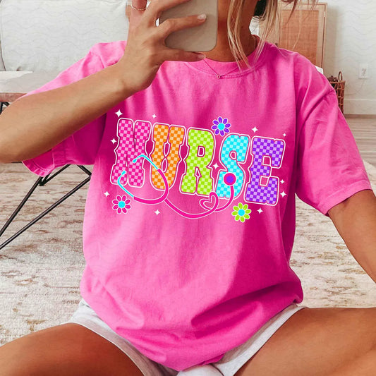 RTS*NEON NURSE WITH FLOWERS * GLITTER CLEAR FILM SCREENPRINT TRANSFER