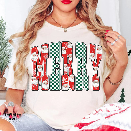 RTS* MERRY SANTA CHECKER BOARD * GLITTER CLEAR FILM SCREENPRINT TRANSFER