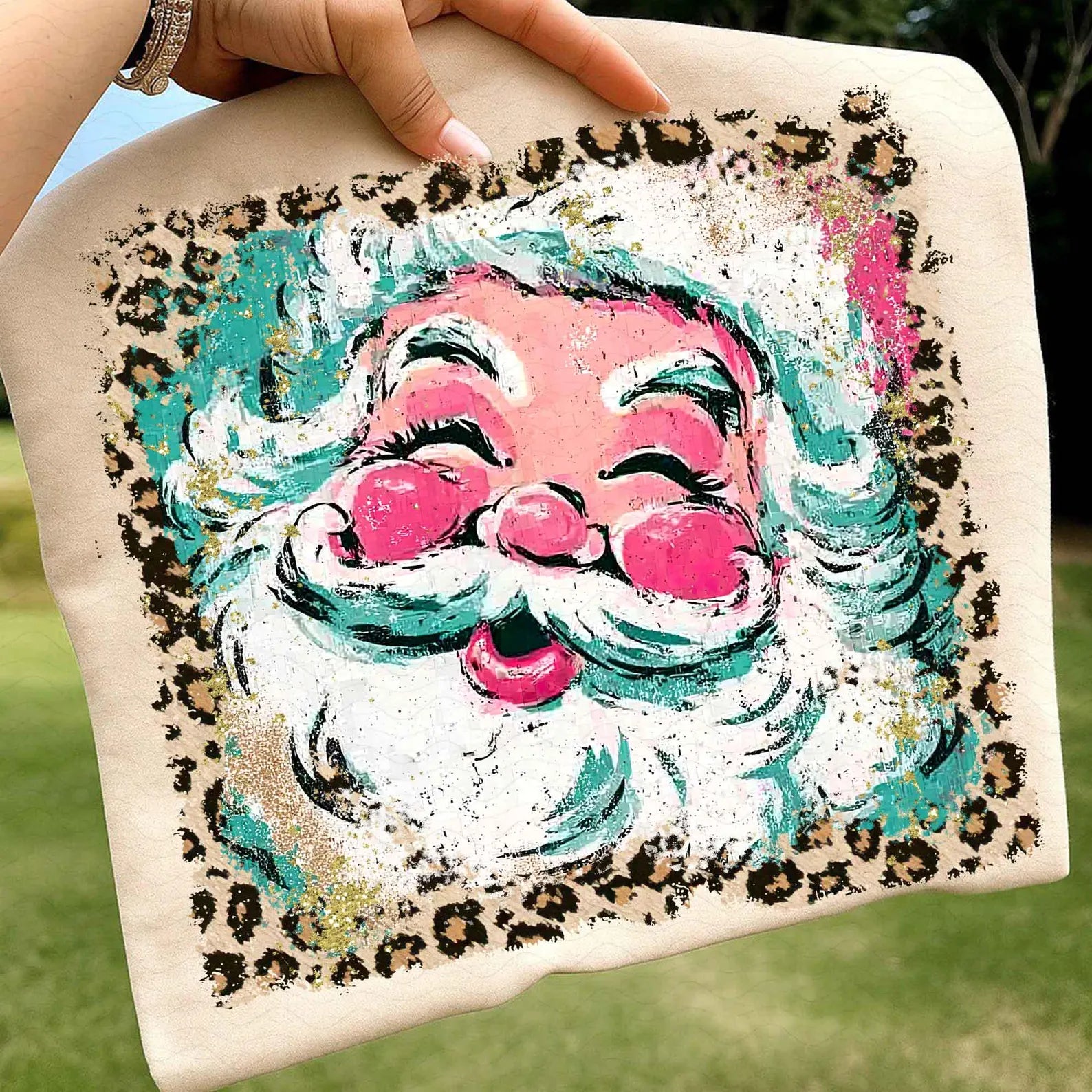 PRE-ORDER *PREPPYLEOPARD SANTA * GLITTER CLEAR FILM SCREENPRINT TRANSFER