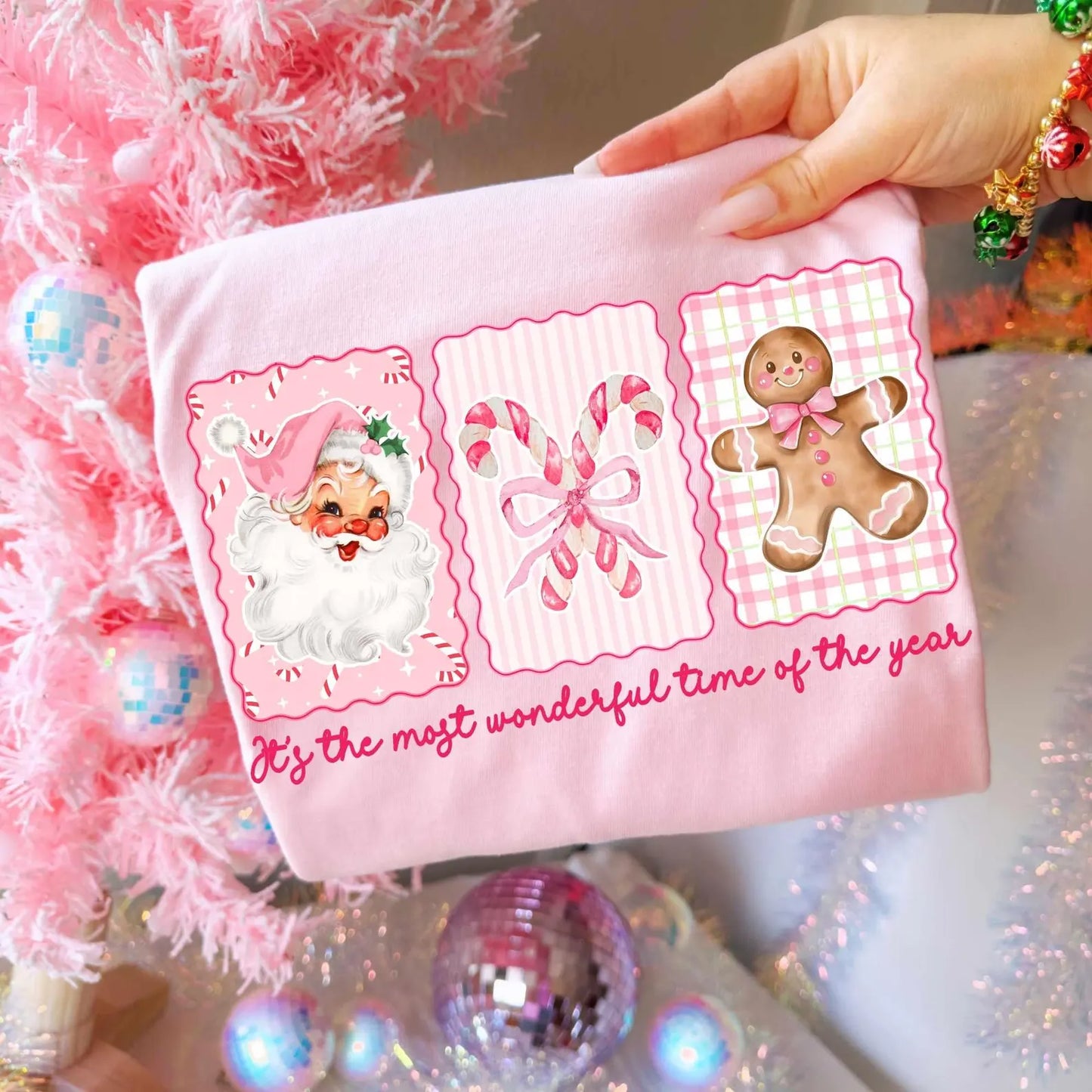 RTS *MOST WONDERFUL TIME PINK WITH CANDY CANE*GLITTER CLEAR FILM SCREEN PRINT TRANSFER