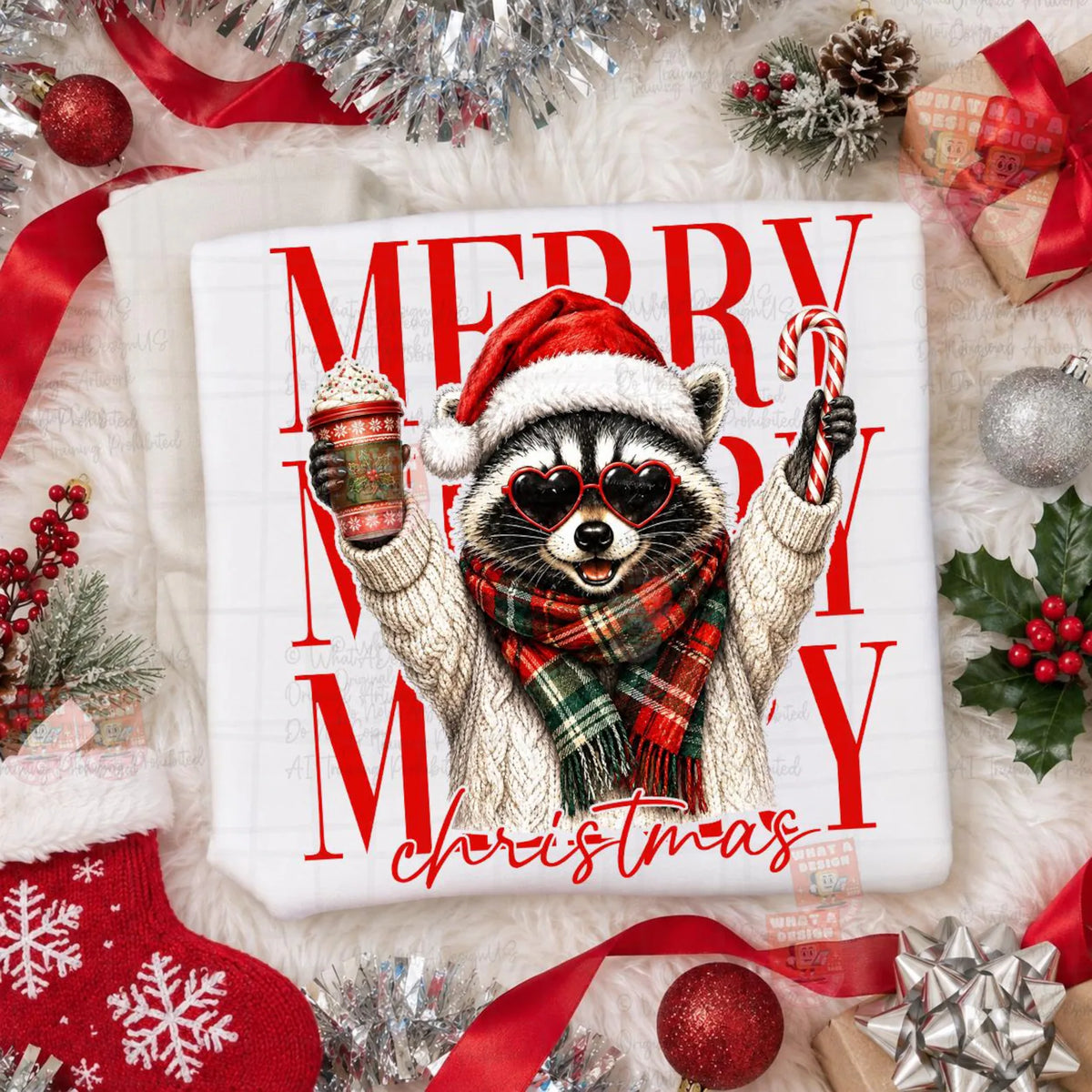 *CHRISTMAS RACCOON * GLITTER CLEAR FILM SCREENPRINT TRANSFER