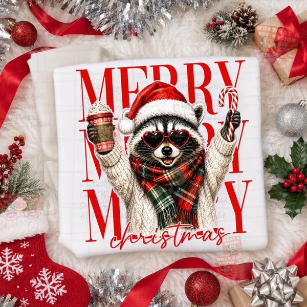 *CHRISTMAS RACCOON * GLITTER CLEAR FILM SCREENPRINT TRANSFER