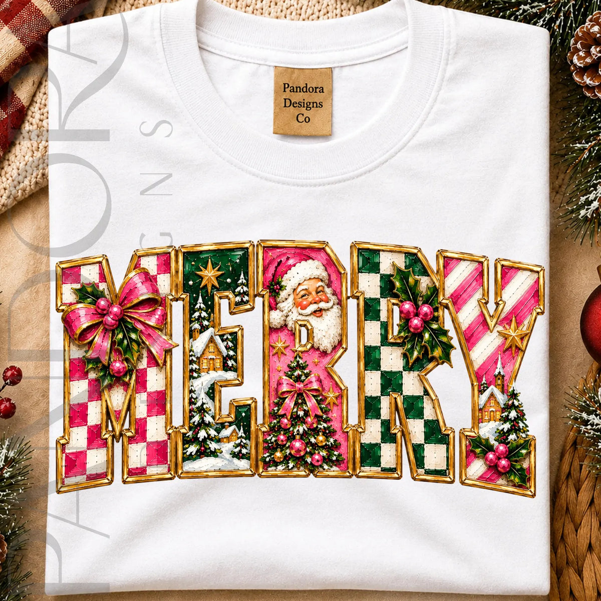 PRE-ORDER *MERRY  PINK AND GREEN  PLAID SANTA* GLITTER CLEAR FILM SCREENPRINTS