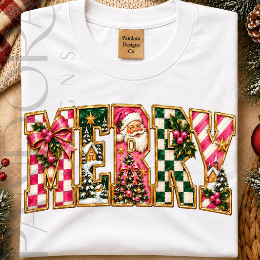 PRE-ORDER *MERRY  PINK AND GREEN  PLAID SANTA* GLITTER CLEAR FILM SCREENPRINTS