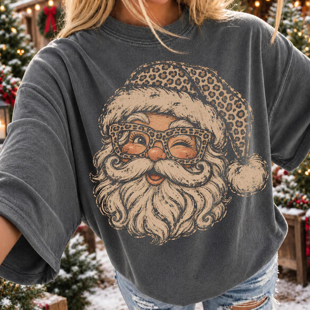 PRE-ORDER *LEOPARD SANTA WINKING * GLITTER CLEAR FILM SCREENPRINTS