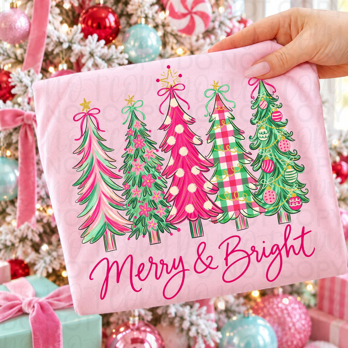 PRE-ORDER *MERRY AND BRIGHT CHRISTMAS TREE'S  PINK* GLITTER CLEAR FILM SCREENPRINT