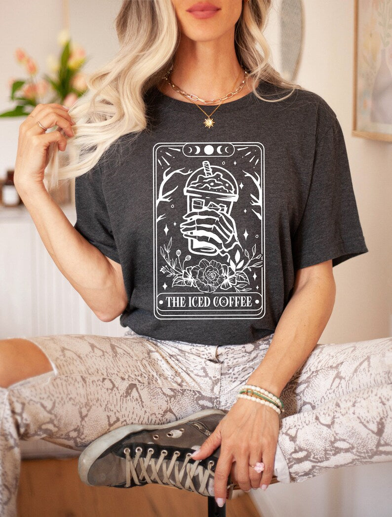 RTS ** ICED COFFEE TAROT ** SINGLE COLOR SCREENPRINT TRANSFER ( WHITE ) - Nu Kustomz llc