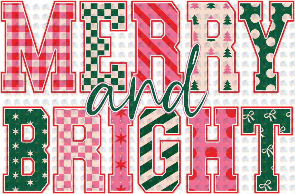 *MERRY AND BRIGHT CUTE * GLITTER CLEAR FILM SCREENPRINT TRANSFER