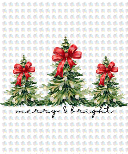 *MERRY AND BRIGHT RED BOW CHRISTMAS TREES * GLITTER CLEAR FILM SCREENPRINT TRANSFER