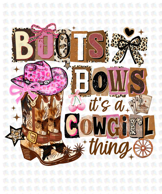 PRE- ORDER**BOOTS BOWS ITS A COWGIRL THING ** GLITTER CLEAR FILM SCREEN PRINT TRANSFER **