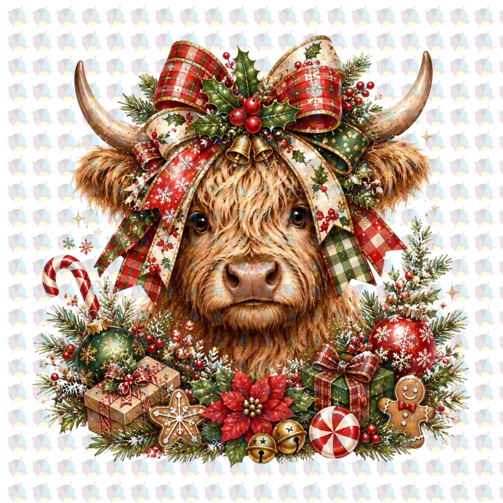 PRE-ORDER *CHRISTMAS HIGHLAND COW WITH BOW* GLITTER CLEAR FILM SCREENPRINT TRANSFER