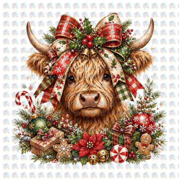 PRE-ORDER *CHRISTMAS HIGHLAND COW WITH BOW* GLITTER CLEAR FILM SCREENPRINT TRANSFER