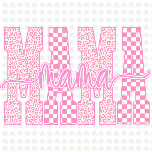 PRE- ORDER**PINK CHECKERED AND LEOPARD MAMA ** GLITTER CLEAR FILM SCREEN PRINT TRANSFER **