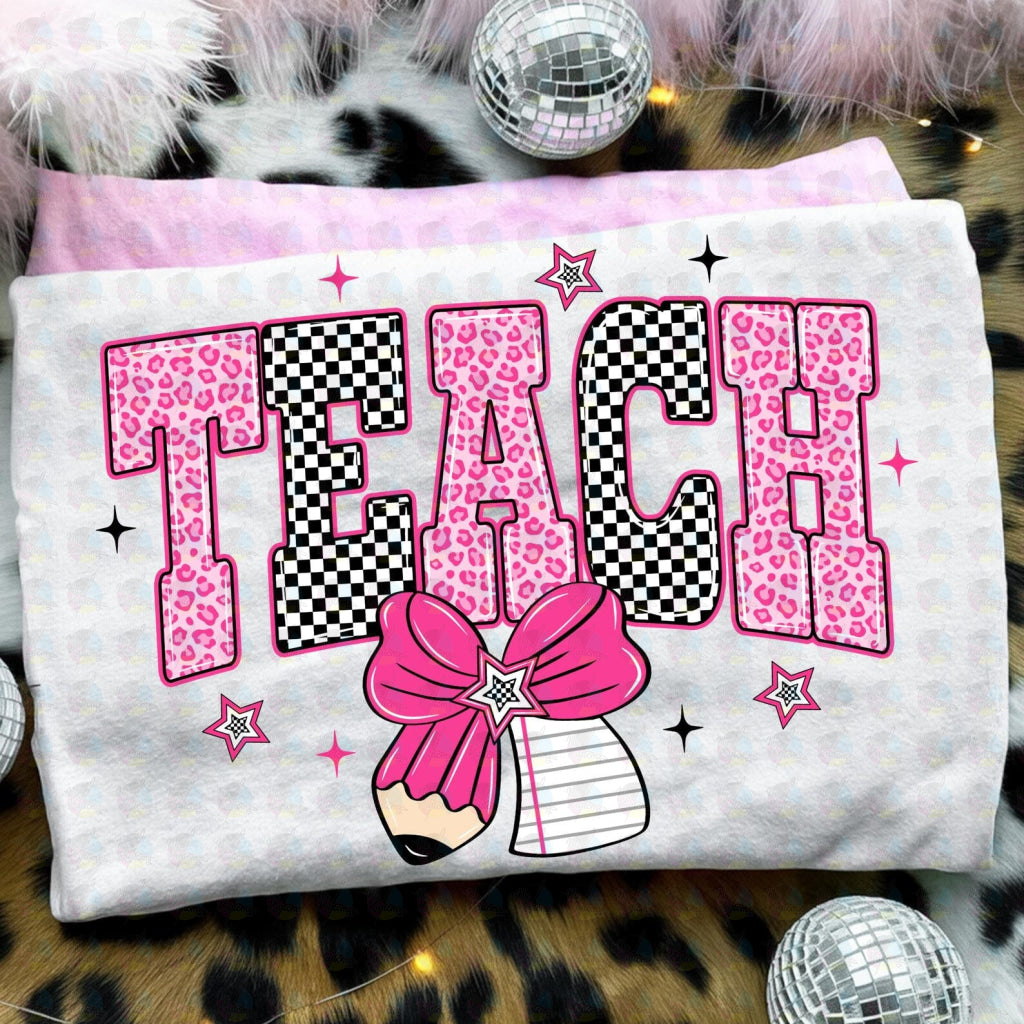 PRE- ORDER*PINK LEOPARD CHECKERED TEACH ** GLITTER CLEAR FILM SCREEN PRINT TRANSFER **