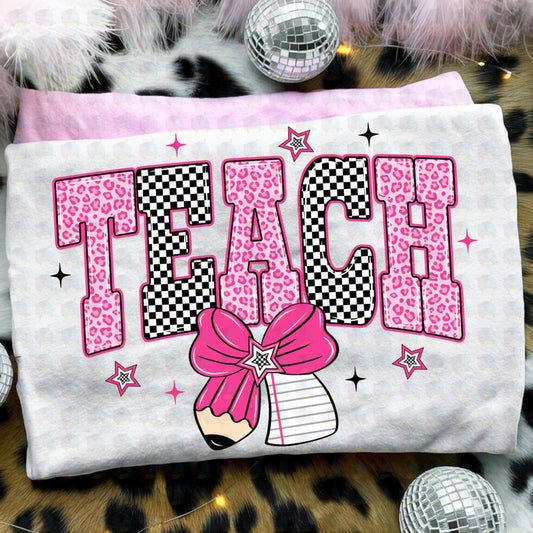 PRE- ORDER*PINK LEOPARD CHECKERED TEACH ** GLITTER CLEAR FILM SCREEN PRINT TRANSFER **