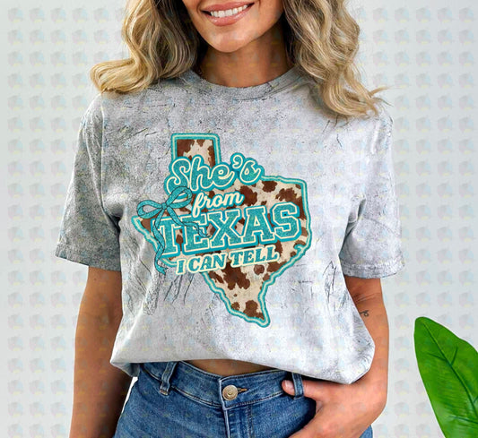 PRE- ORDER**SHE’S FROM TEXAS TEAL ** GLITTER CLEAR FILM SCREEN PRINT TRANSFER *