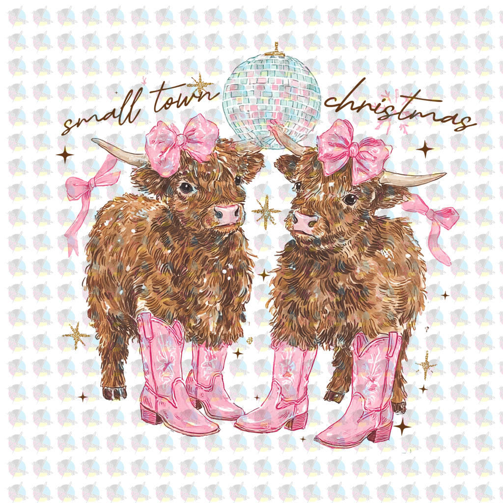 PRE-ORDER *SMALL TOWN CHRISTMAS HIGHLAND COWS WITH PINK BOWS * GLITTER CLEAR FILM SCREENPRINT TRANSFER