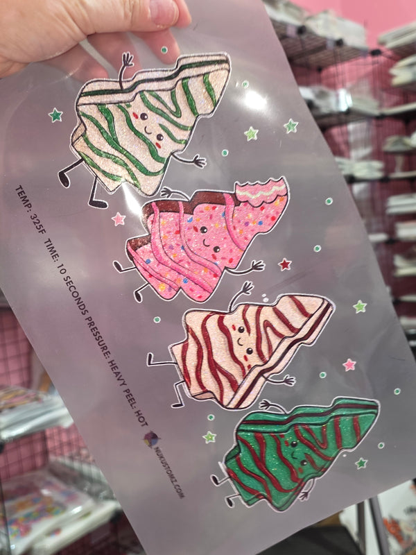 RTS *CUTE CHRISTMAS TREE CAKES DOODLES* GLITTER CLEAR FILM SCREENPRINT TRANSFER (