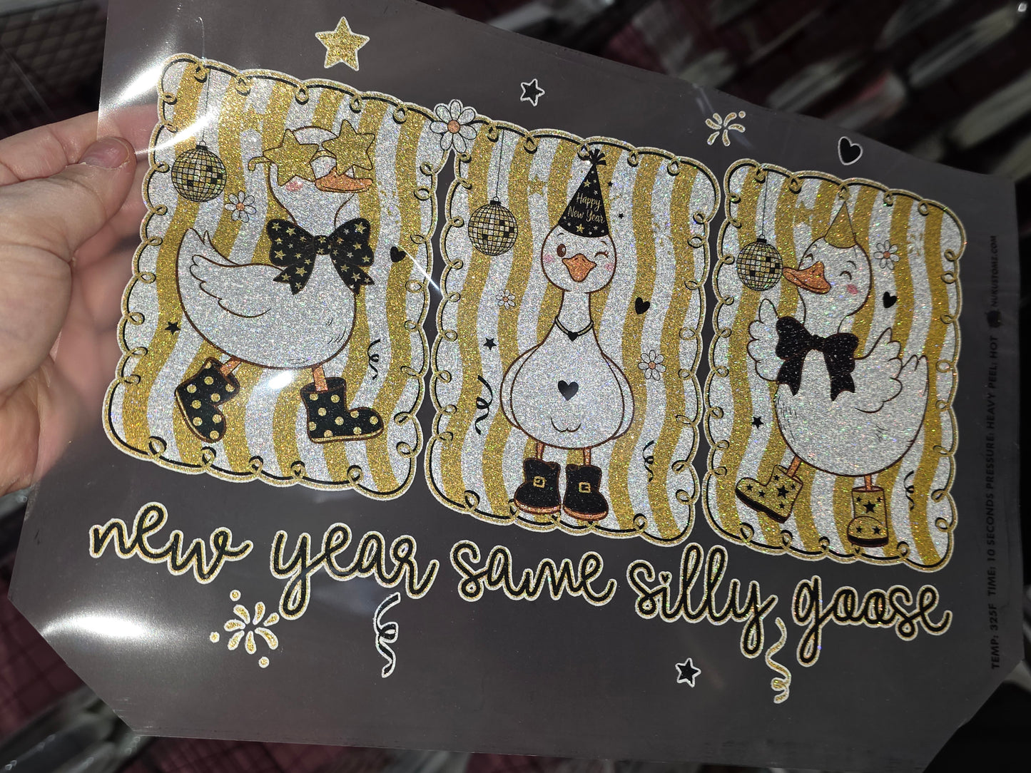 RTS * SILLY GOOSE NEW YEAR * GLITTER CLEAR FILM SCREENPRINT TRANSFER