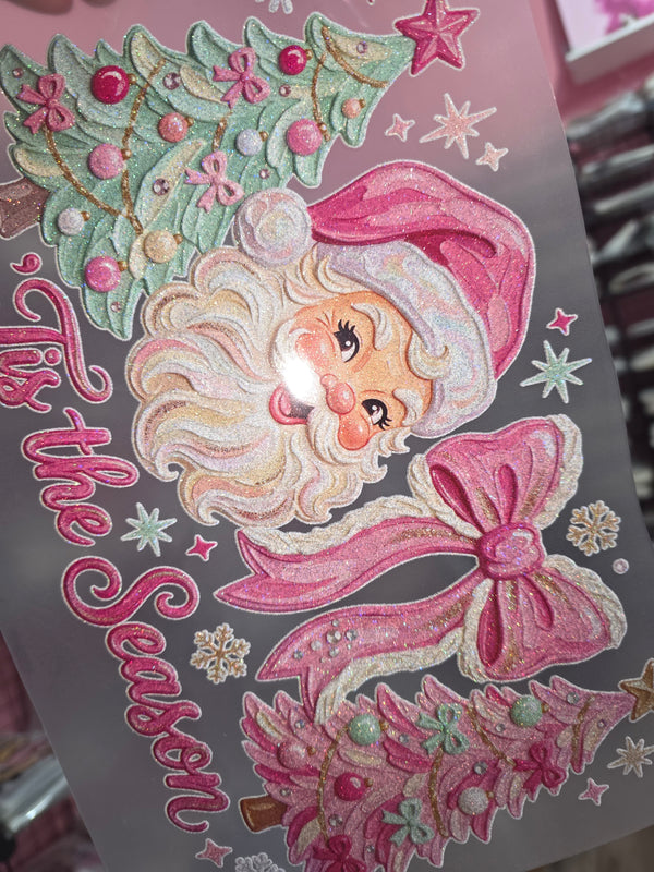 RTS * PINK SANTA TIS THE SEASON* GLITTER CLEAR FILM SCREENPRINT TRANSFER