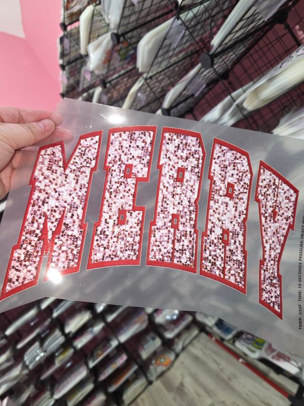 RTS ** MERRY SEQUINED VARSITY GLITTER CLEAR FILM SCREEN PRINT