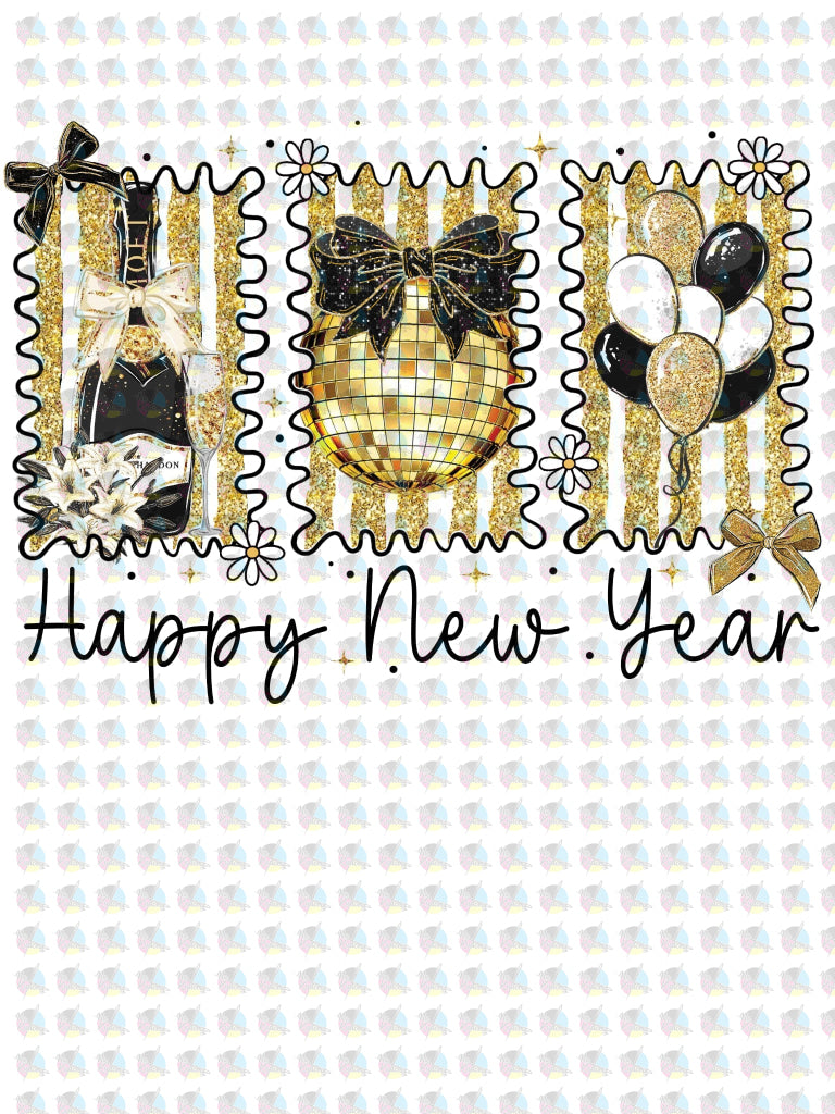 RTS *HAPPY NEW YEAR BLACK AND GOLD * GLITTER CLEAR FILM SCREENPRINT TRANSFER