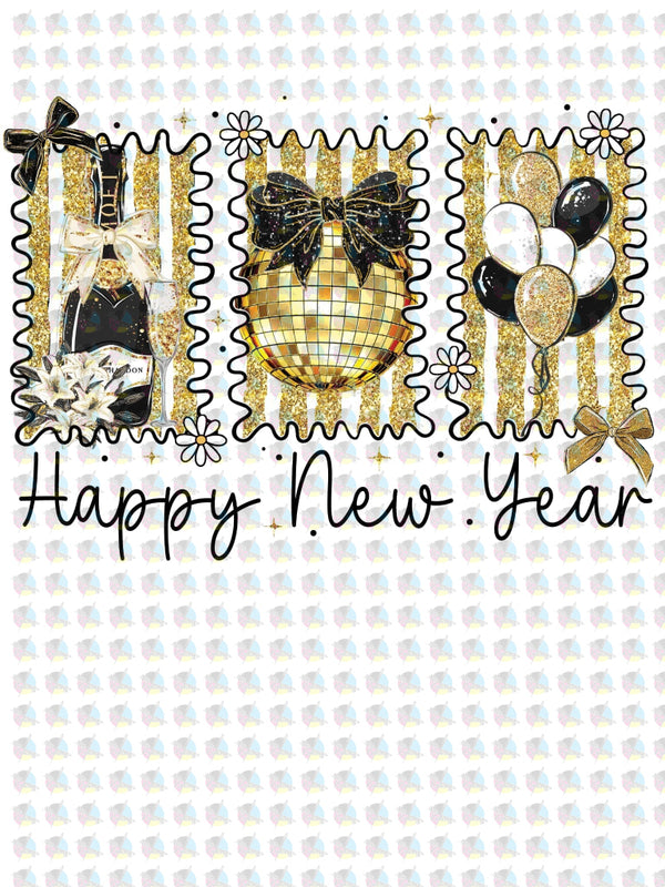 RTS *HAPPY NEW YEAR BLACK AND GOLD * GLITTER CLEAR FILM SCREENPRINT TRANSFER