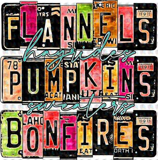 Pre-Order Flannels Pumpkins Bonfires License Plate Non-Glitter Dream Transfers